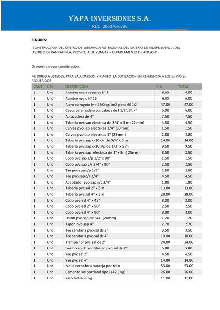 Cotización Yapa Inversiones