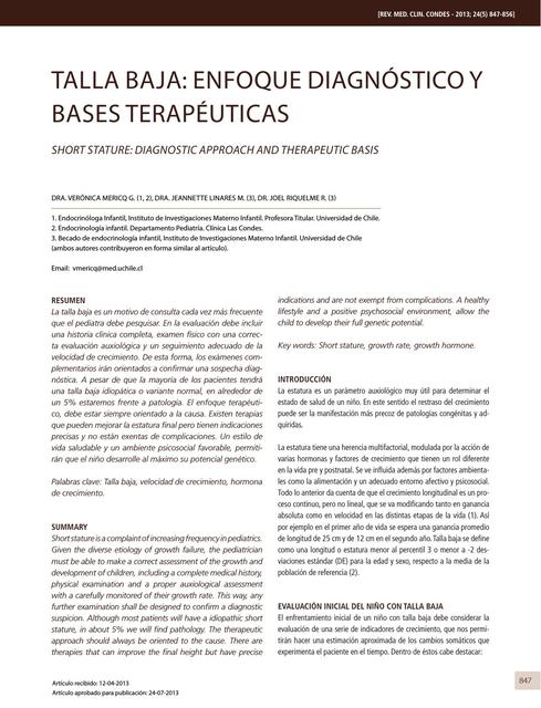 Talla Baja Enfoque Diagnóstico y Bases Terapéutica