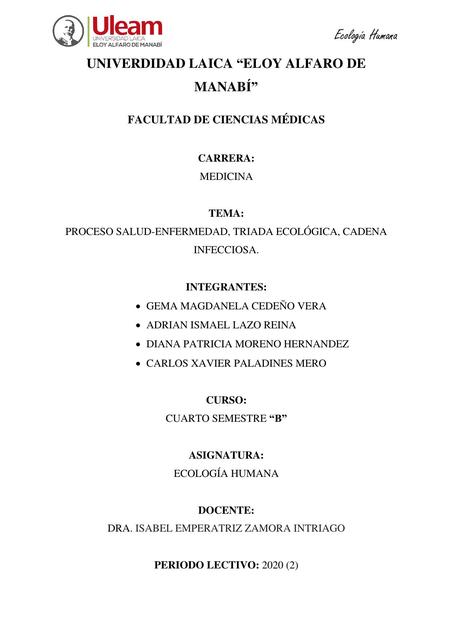 PROCESO SALUD-ENFERMEDAD, TRIADA ECOLÓGICA, CADENA INFECCIOSA.