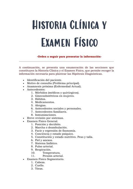 Historia Clínica Y Examen Físico Orden Dr Castro Udocz 9446