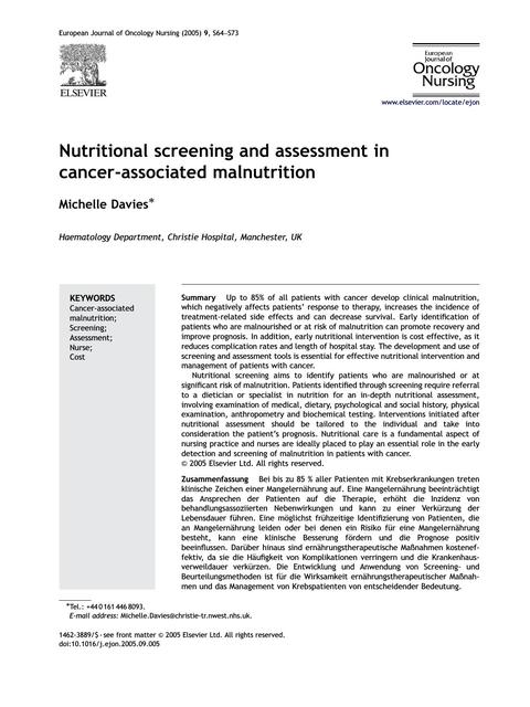 Nutritional screening and assessment in cancer associated malnutrition 