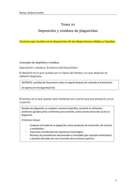  Deposición y Residuos de Plaguicidas