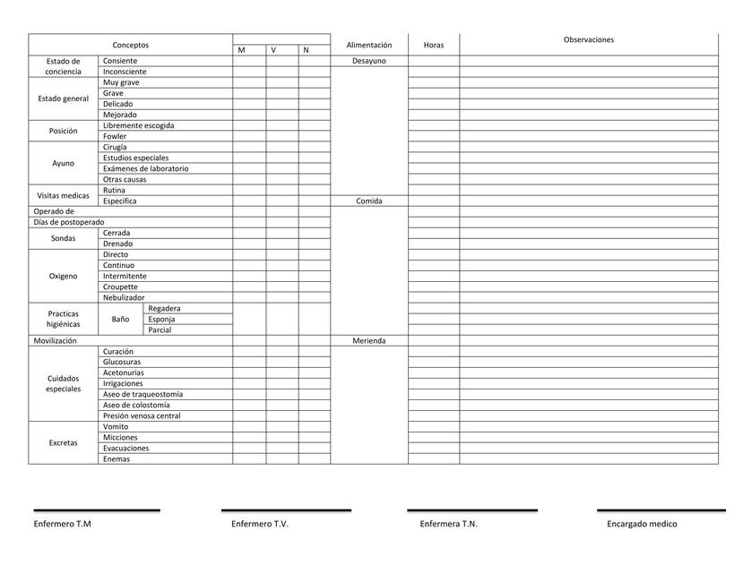Hoja de control de Cuidados de Enfermería