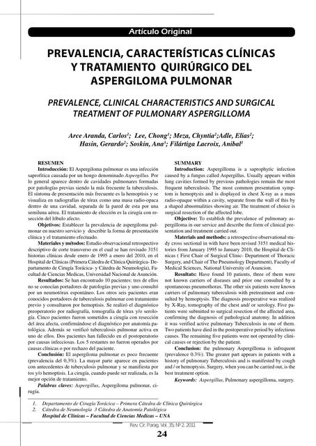 Prevalencia, Características Clínicas y Tratamiento del Aspergiloma Pulmonar