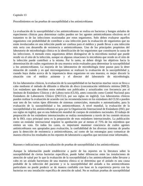 Procedimientos en las pruebas de susceptibilidad a los antimicrobiano, Cap 13 Libro de Pruebas de Diagnostico microbiológico 