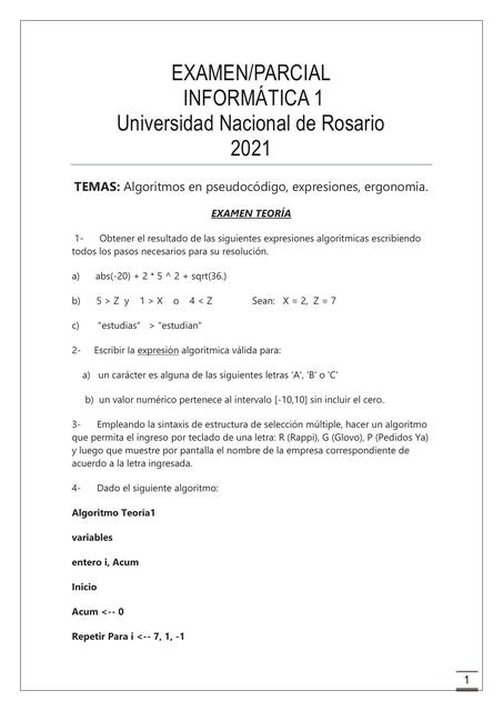 EXAMEN INFORMATICA Algoritmos en pseudocódigo expresiones ergonomía