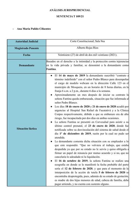 ANÁLISIS JURISPRUDENCIAL SENTENCIA T 109 21