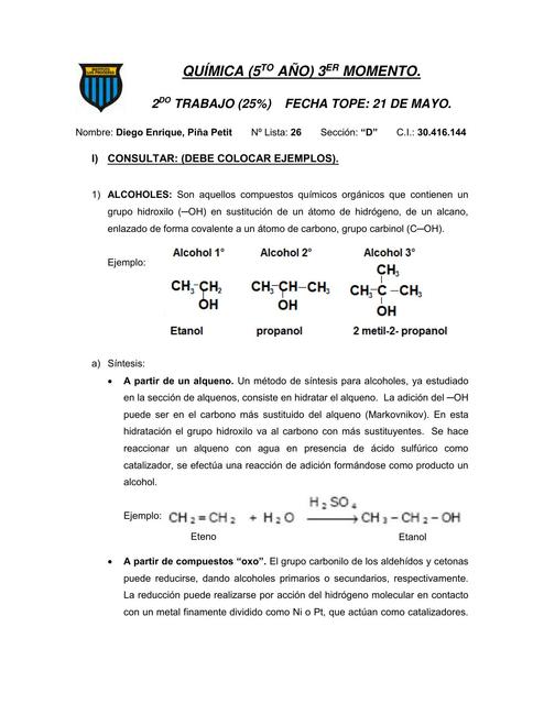 2° Trabajo de Química - 3° Lapso (5° año)