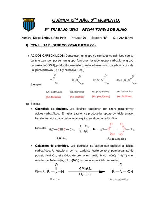 3° Trabajo de Química - 3° Lapso (5° año)