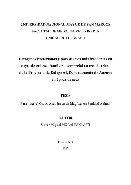 Patógenos Bacterianos y Parasitarios Mas Frecuentes en Cuyes 