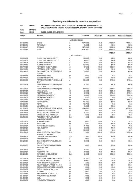  Precios y cantidades de recursos requeridos