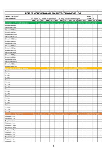 Hoja de Monitoreo para pacientes COVID 19 