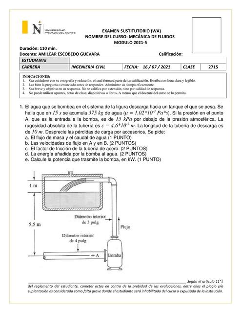 EXAMEN SUSTITUTORIO UPN MECANICA DE FLUIDOS