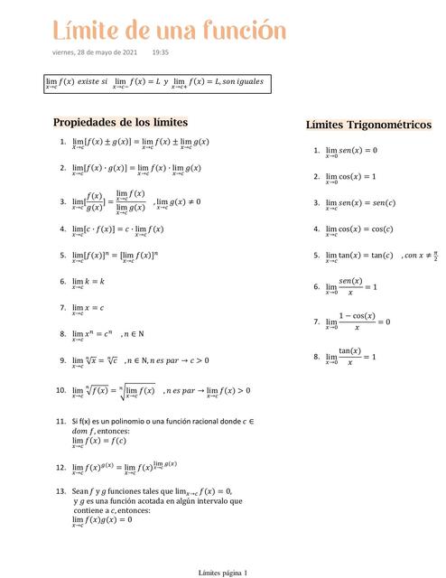 Límites e una función