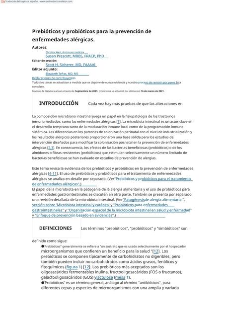 Prebióticos y probióticos para la prevención de  enfermedades alérgicas.