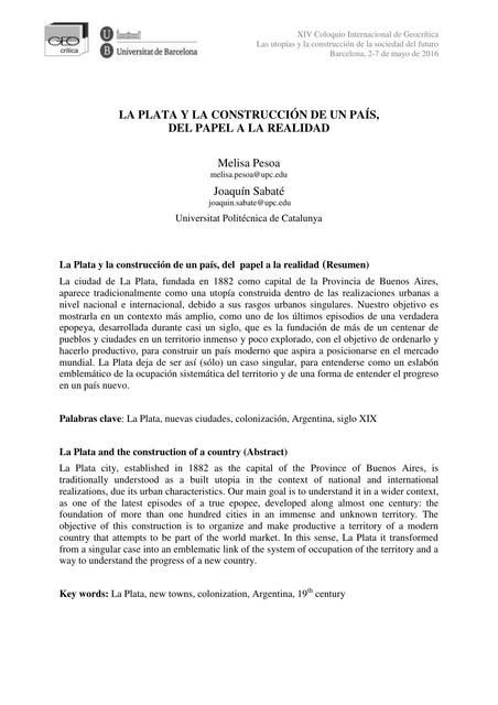 La Plata y la Construcción de un País del  Papel a la Realidad (Resumen) 