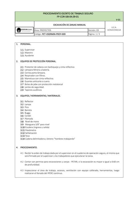 Procedimiento de excavación de zanjas