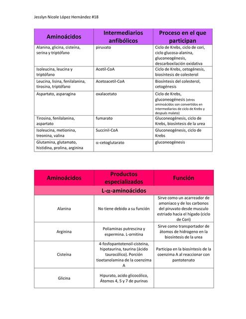 Tablas de Aminoácidos e Intermediarios Anfibólicos