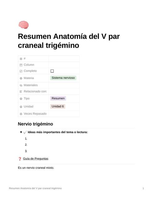 Resumen Anatomía del V Par Craneal Trigémino