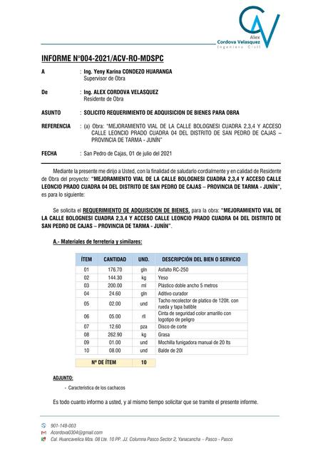 INFORME N 004 REQUERIMIENTO DE BIENES