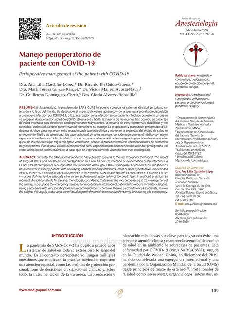 Manejo Preoperatorio de Paciente con Covid-19 