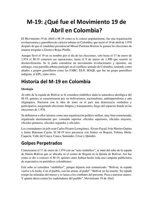 ¿Qué fue el Movimiento 19 de Abril en Colombia?