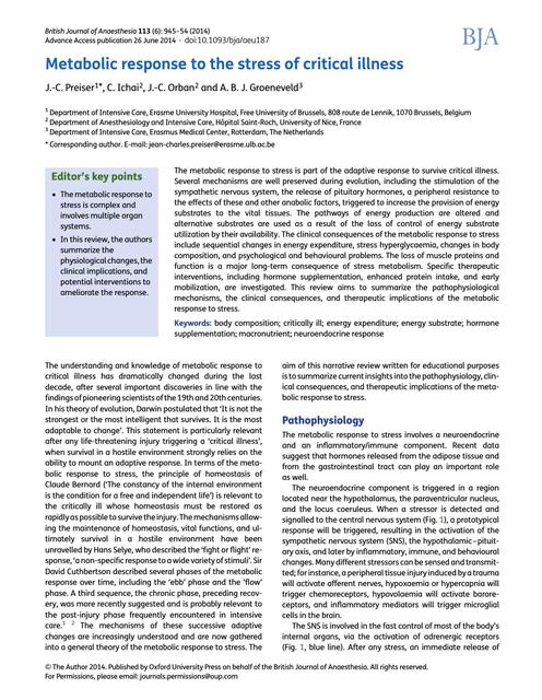 Metabolic response to the stress of critical illness