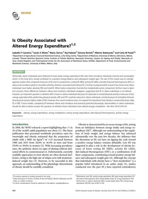 Is Obesity Associated with Altered Energy Expenditure?