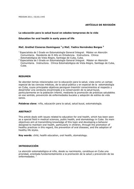  La Educación para la Salud Bucal en Edades Tempranas de la Vida