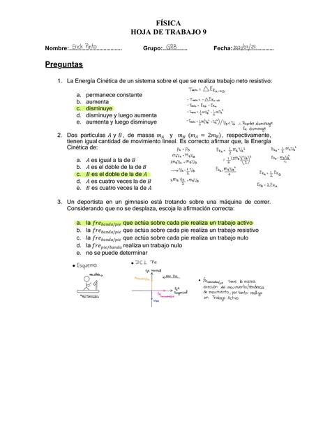Hoja de Trabajo 9 Trabajo y Energía