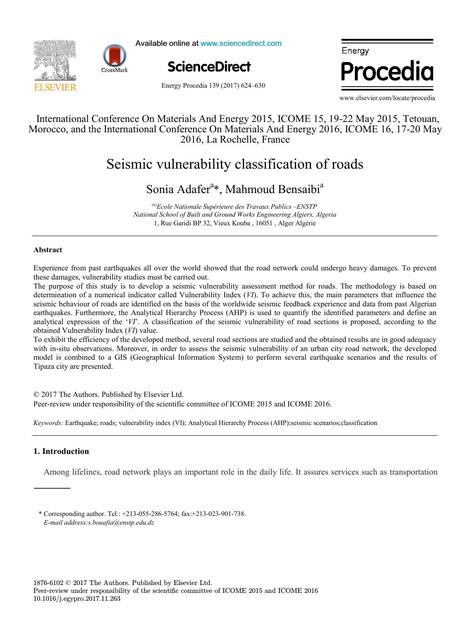 Seismic vulnerability classification of roads 