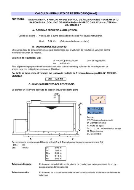 Cálculo Hidráulico de Reservorio