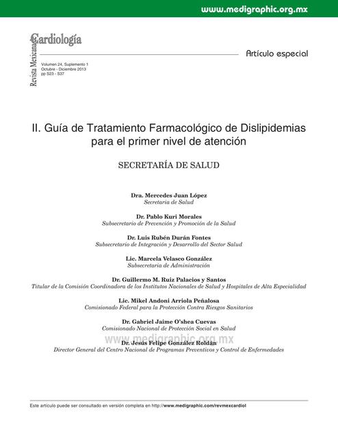 Guía de Tratamiento Farmacológico de Dislipidemias para el primer nivel de atención