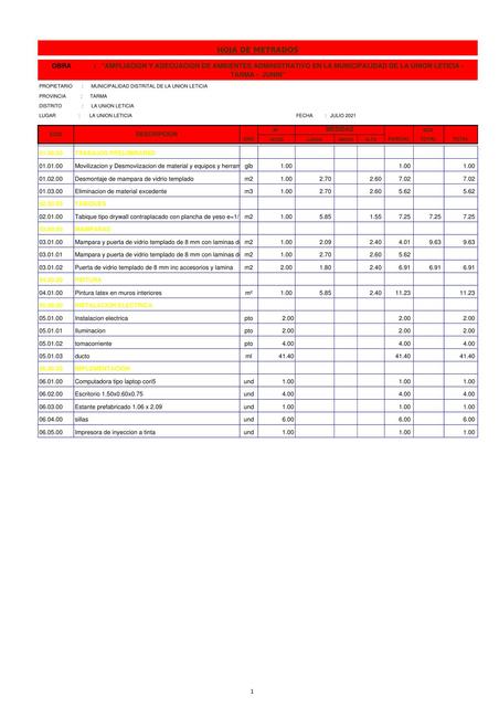 Hoja de Metrados Ampliación 