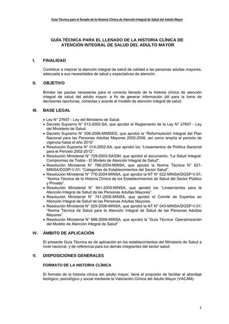 Guía Técnica para el llenado de la Historia Clínica de Atención Integral de Salud del Adulto Mayor