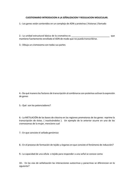 Cuestionario Introducción a la Señalización y Regulación Molecular 