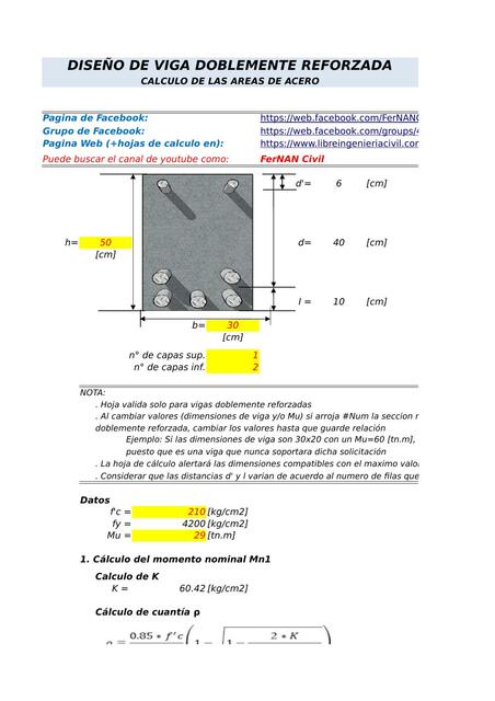 Hoja de Calculo Viga Doblemente Reforzada
