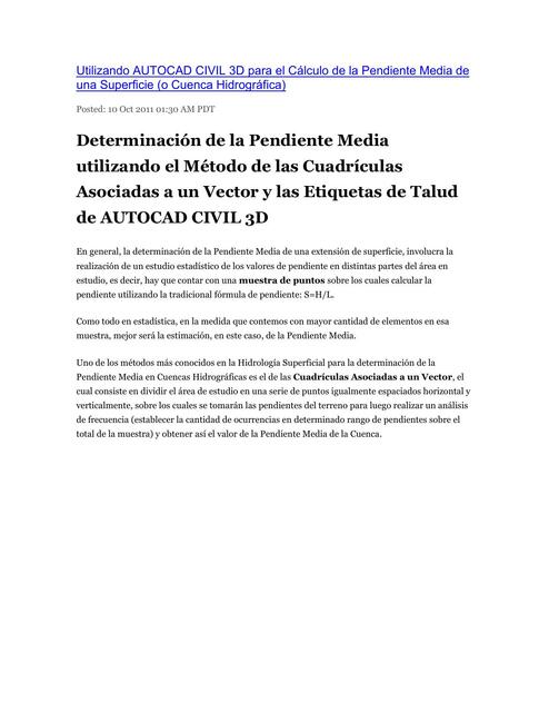 CIVIL 3D para el Calculo de la Pendiente Media de una Superficie