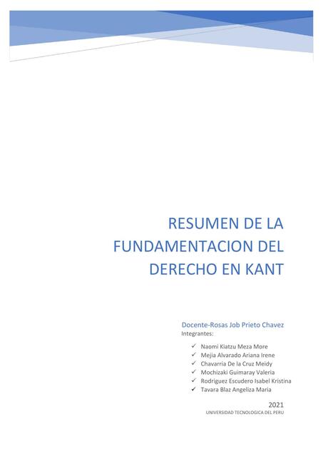 Resumen de la Fundamentacion Del derecho según Kant