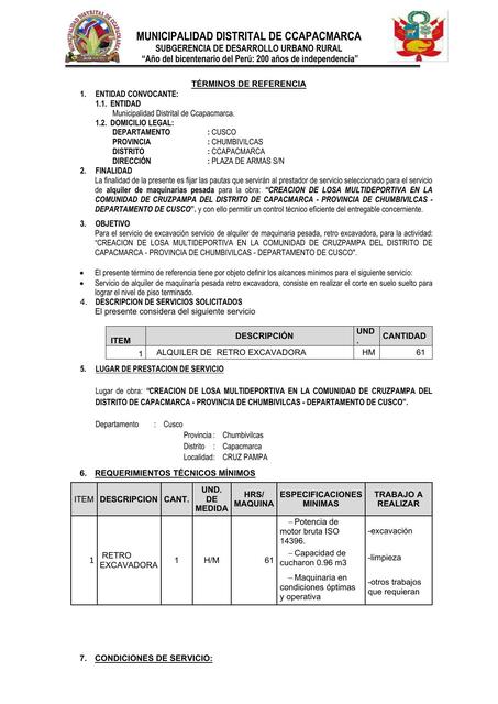 Términos de Referencia Excavadora 