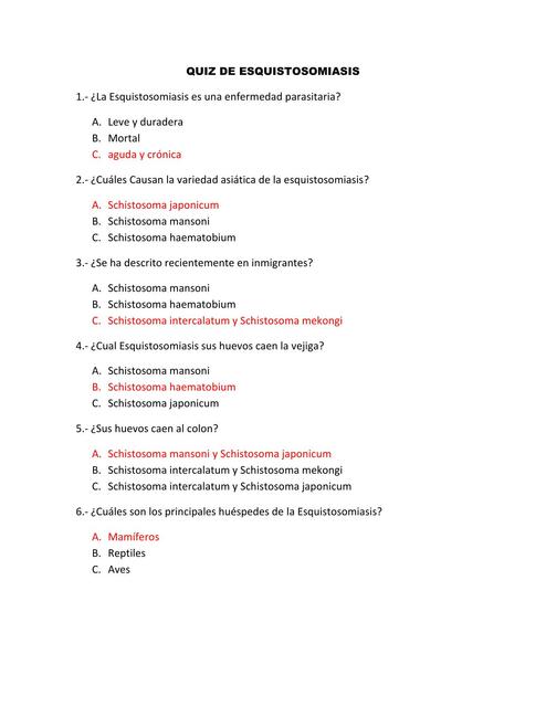 Quiz de Esquistosomiasis