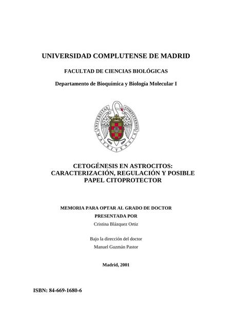 Cetogénesis en astrocitos: caracterización, regulación y posible papel citoprotector