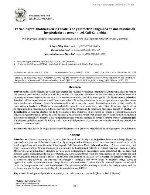 Variables pre analíticas en los análisis de gasometría sanguínea