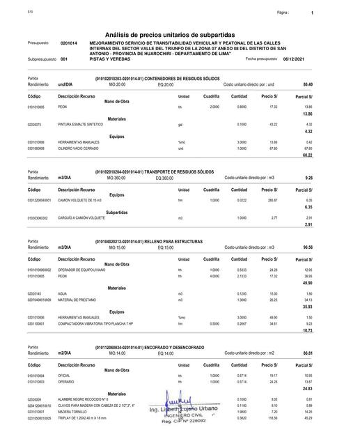 Análisis de precios unitarios de subpartidas