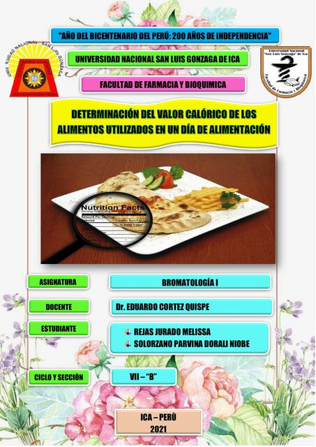 Determinación del Valor Calórico de los Alimentos Utilizados en un Día de Alimentación