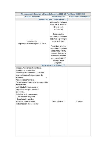 Plan calendario