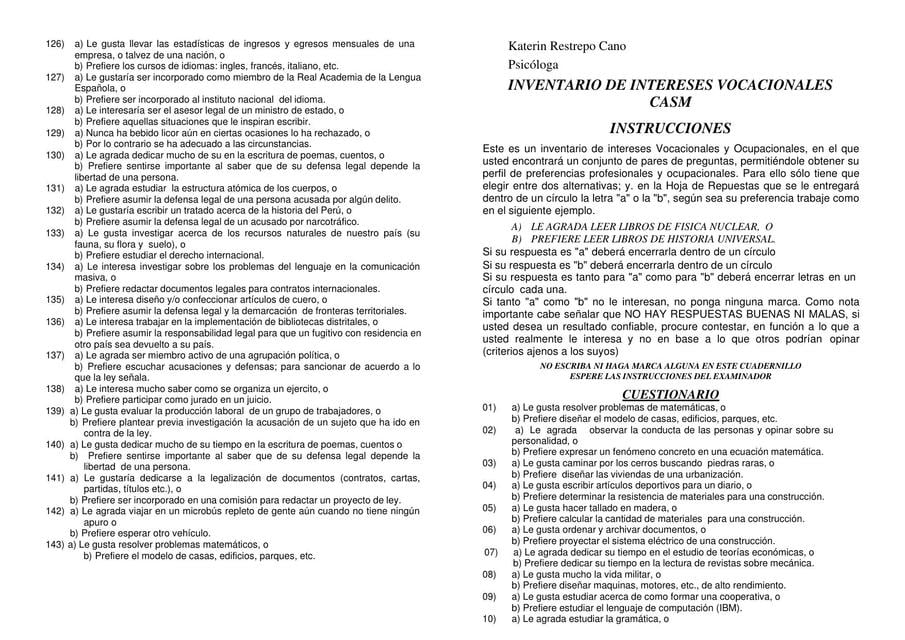 Cuadernillo preguntas Inventario de intereses vocacionales | Káterin