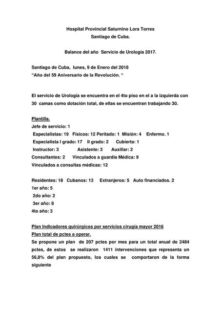 Balance del año Servicio de Urología