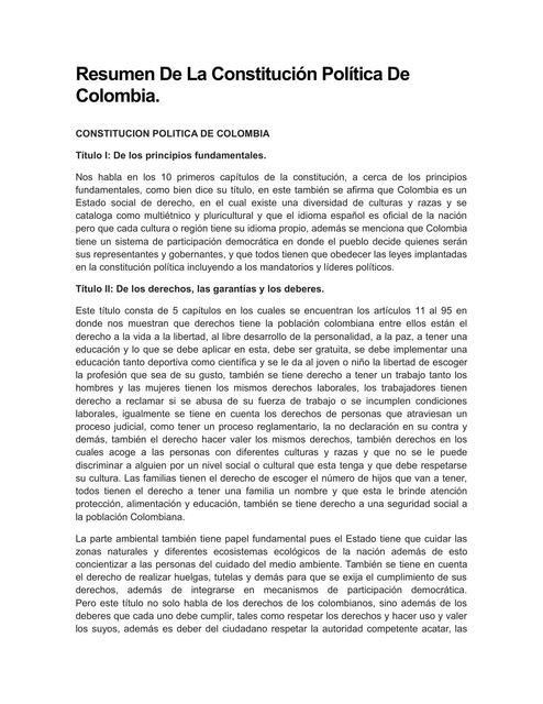 Resumen de la Constitución Política de Colombia 