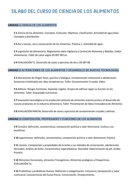 Silabo del Curso de Ciencia de los Alimentos